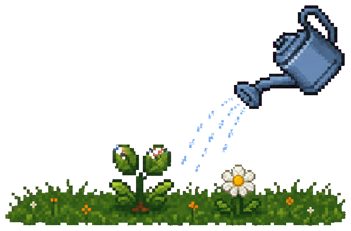 A pixel watering can watering flower buds and a daisy
