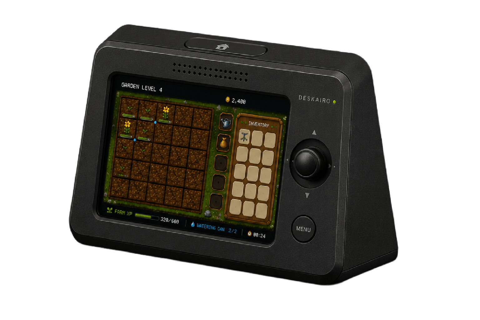 DESKAIRO desktop garden device displaying a growing pixel garden