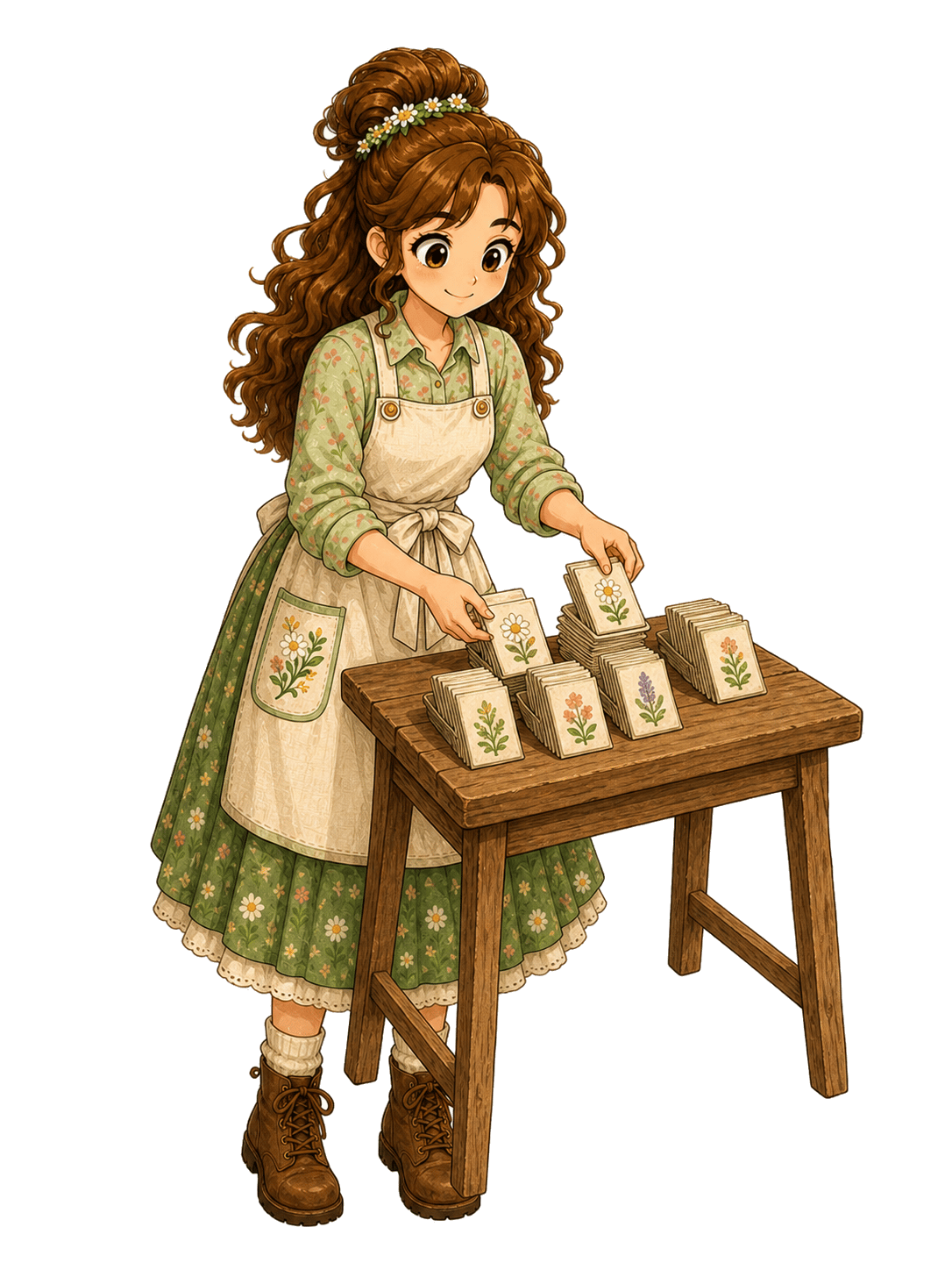 Molly sorting illustrated seed packets into neat piles.