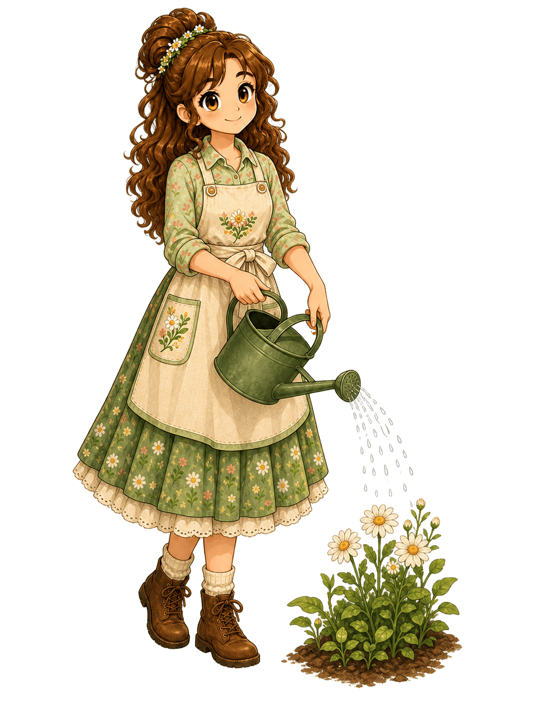 Molly watering a small patch of flowers.