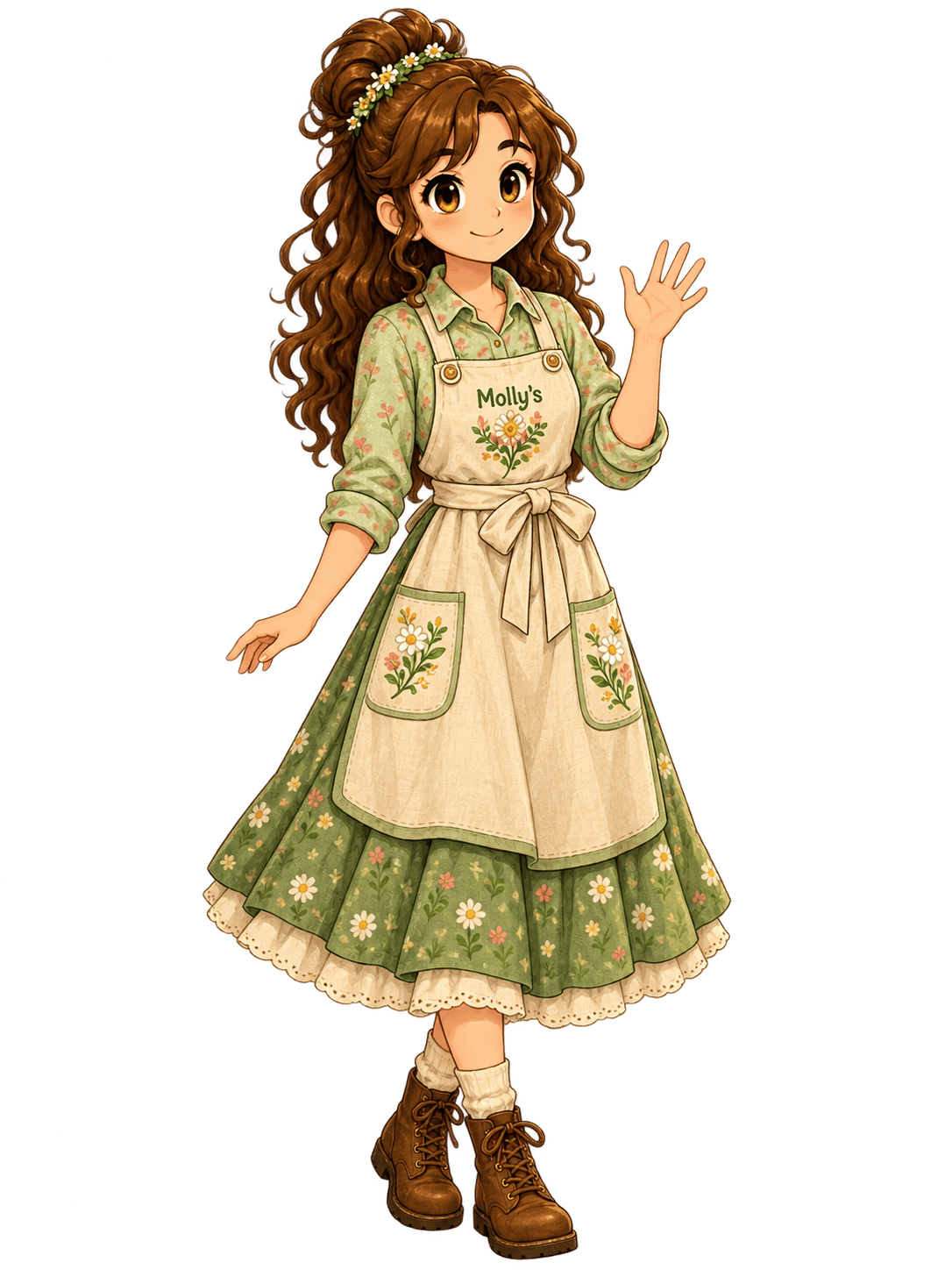 Molly, the cheerful owner of the local seed shop, waving in her flowered apron.