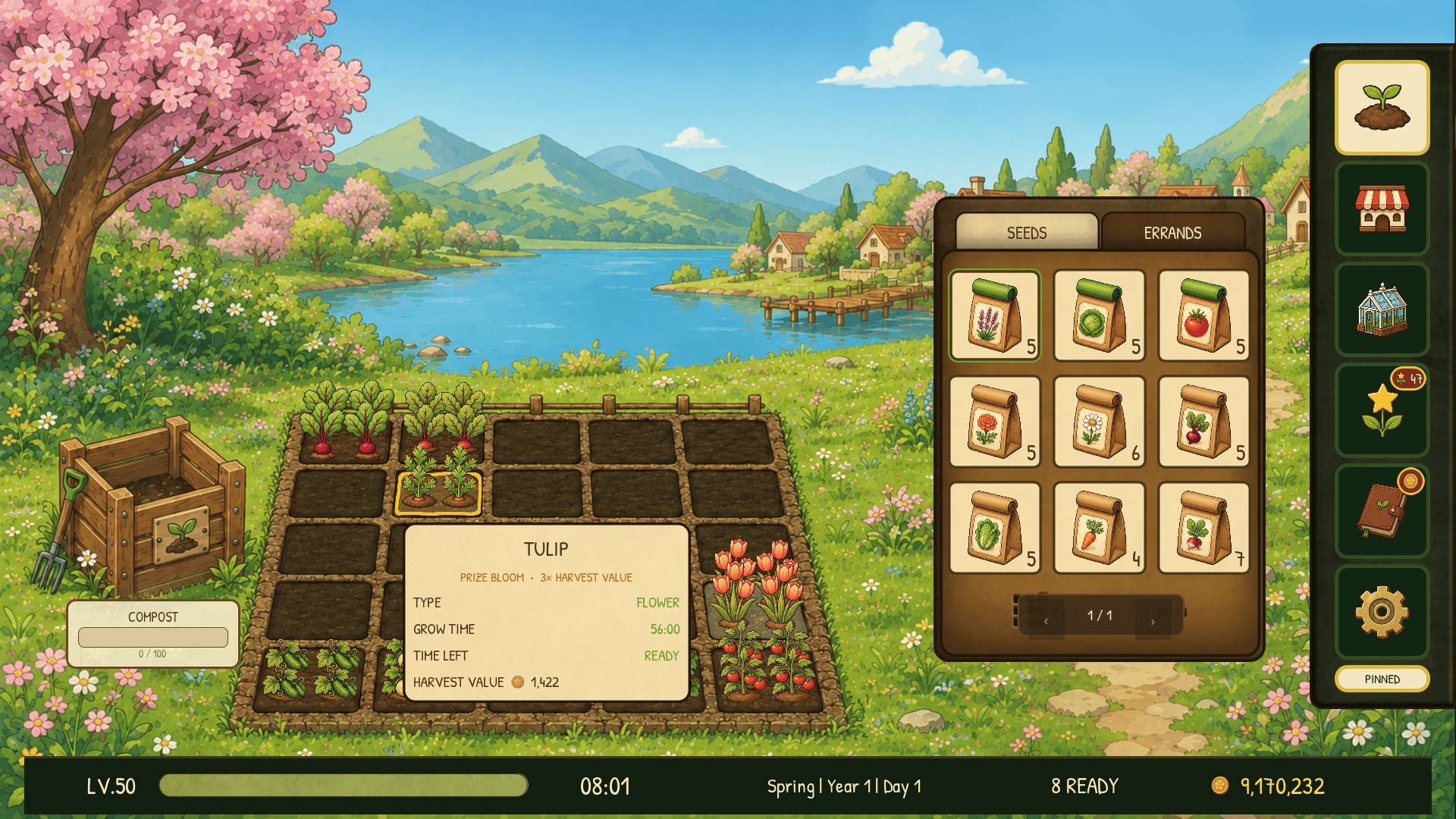 The current Deskairo Grow garden build with a mature Prize Bloom and seed inventory.