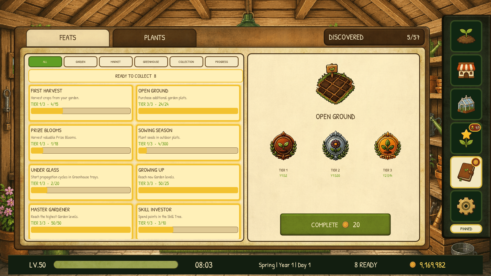 The current Feats Journal with tier progress and collectible Gold rewards.