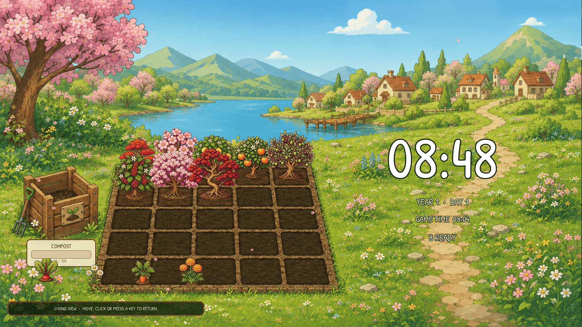 Deskairo Grow Living View showing the seasonal garden, local time and compact garden status.